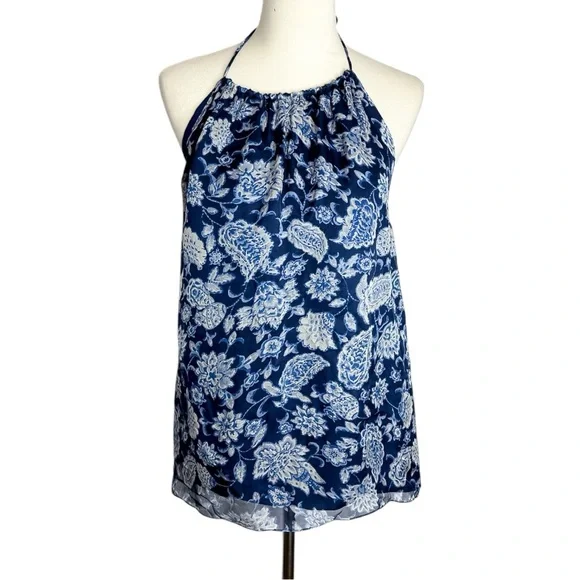 NWT Alice + Olivia Blue White Paisley Floral Silk Halter Y2K Top Blouse Medium - Picture 4 of 16